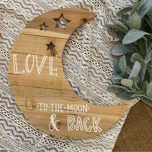 Wood Crescent Moon Artwork, LOVE YOU TO THE MOON & BACK